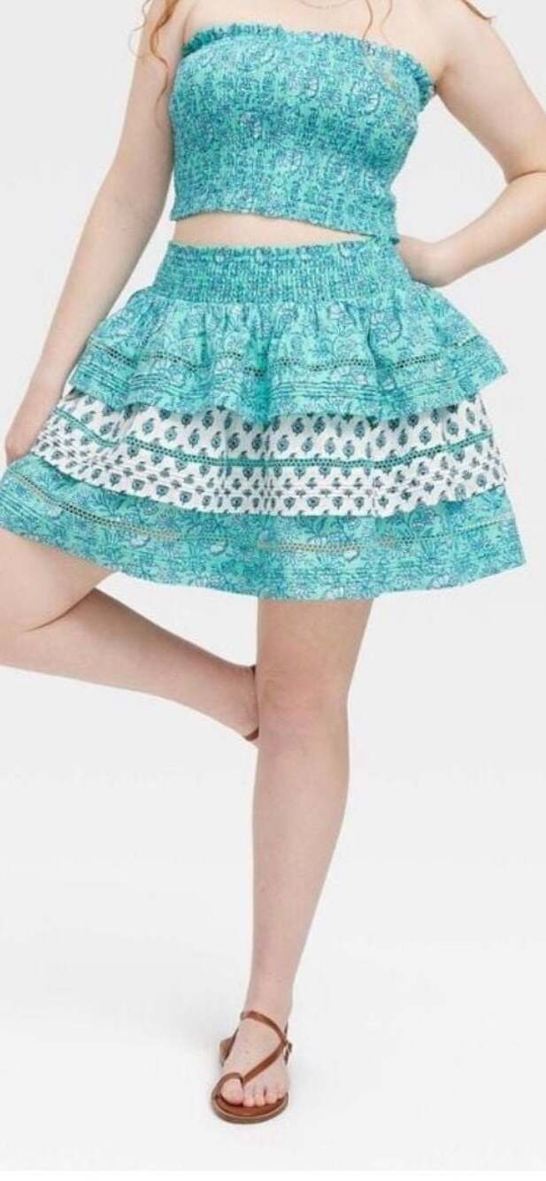 Roller Rabbit x Target Floral Smocked Crop Top and Tiered Skirt Set XL Blue Y2K